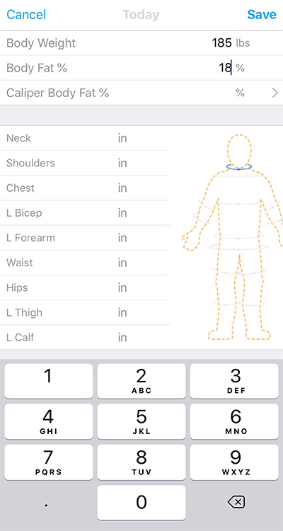 Caliber Fitness training app - measurements screen